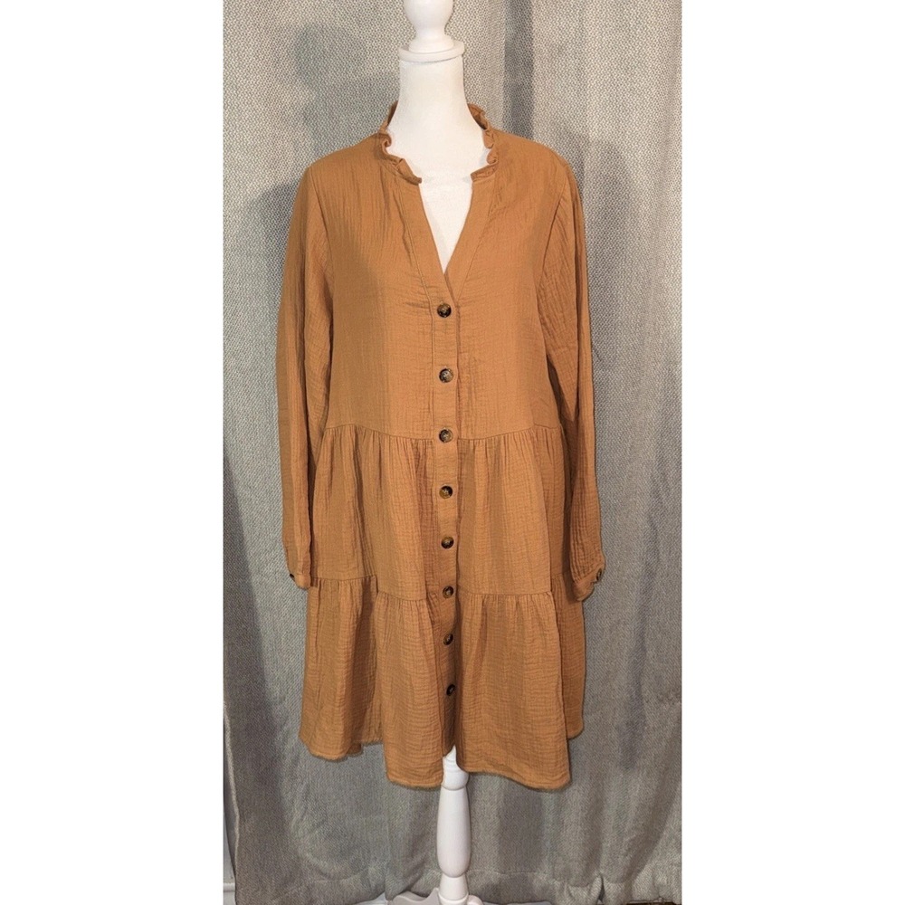 Entro Tiered Button Front Mini Dress Women's Size Medium Caramel Brown Boutique
